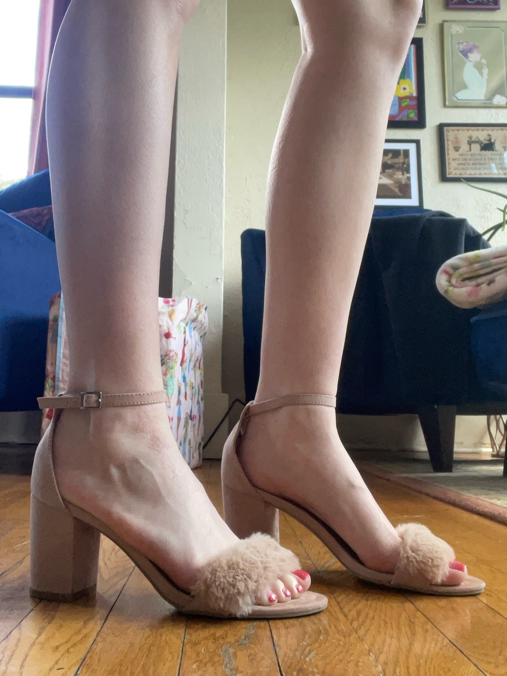 Report tan, fuzzy block heels